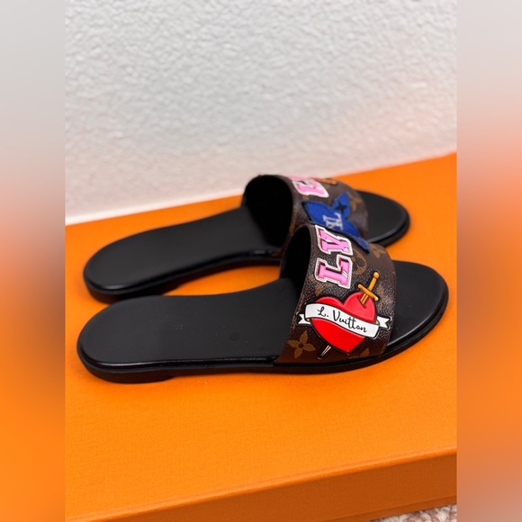 Louis Vuitton Brown Canvas Love Logo Slide Flats Size 37 - Picture 7 of 12